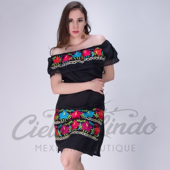 Cielito Lindo Dresses & Skirts - Mexican Dress Off the Shoulder Black with Floral Embroidery